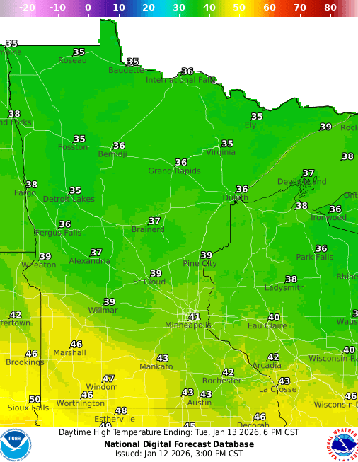 Forecast high temperatures Tuesday