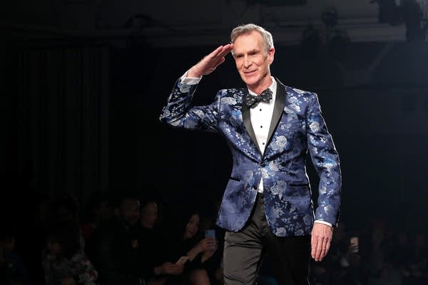 Bill Nye dances to Lizzo's 'Juice' as he walks the runway at The Blue Jacket Fashion Show during New York Fashion Week at Pier 59 Studios on February 5, 2020, in New York City.