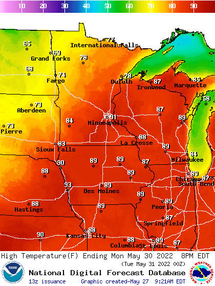 Forecast high temperatures Monday