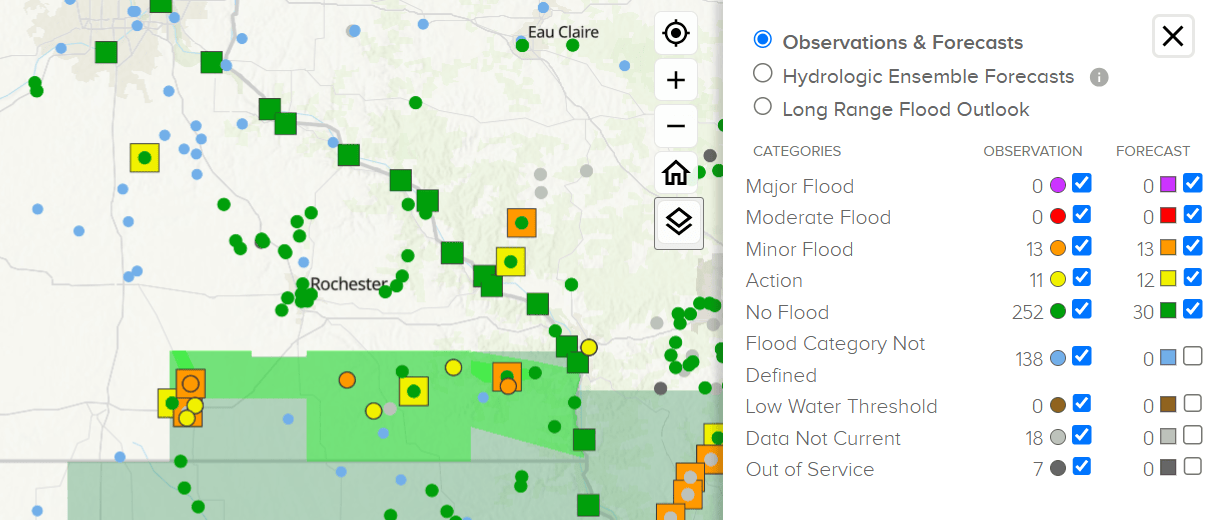 River observations and flooding forecast