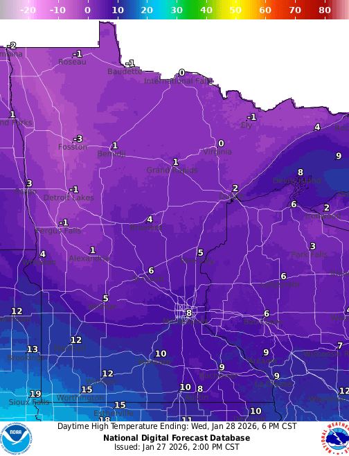 Forecast high temperatures Wednesday