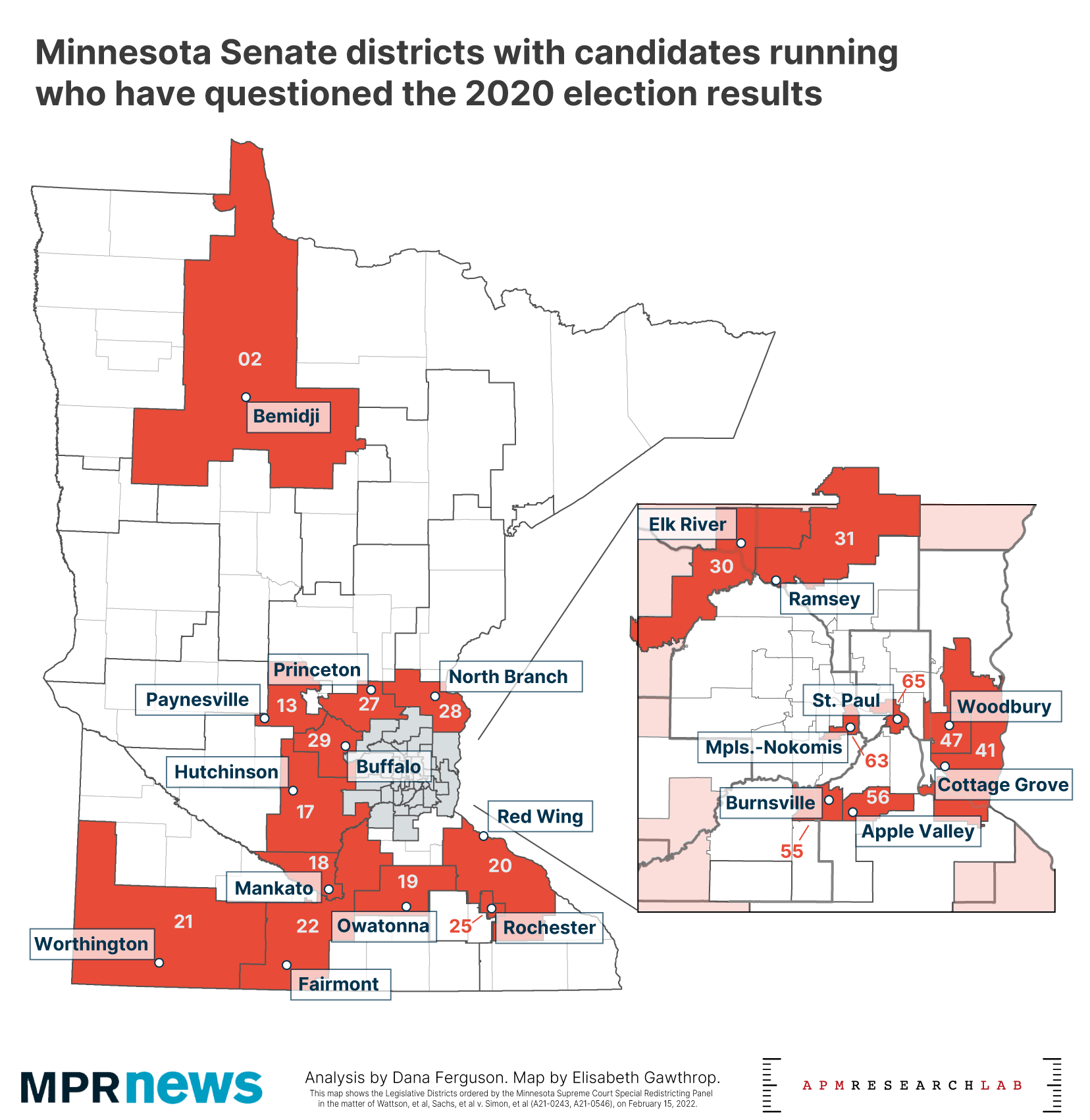 A graphic of Minn. senate districts, some in red