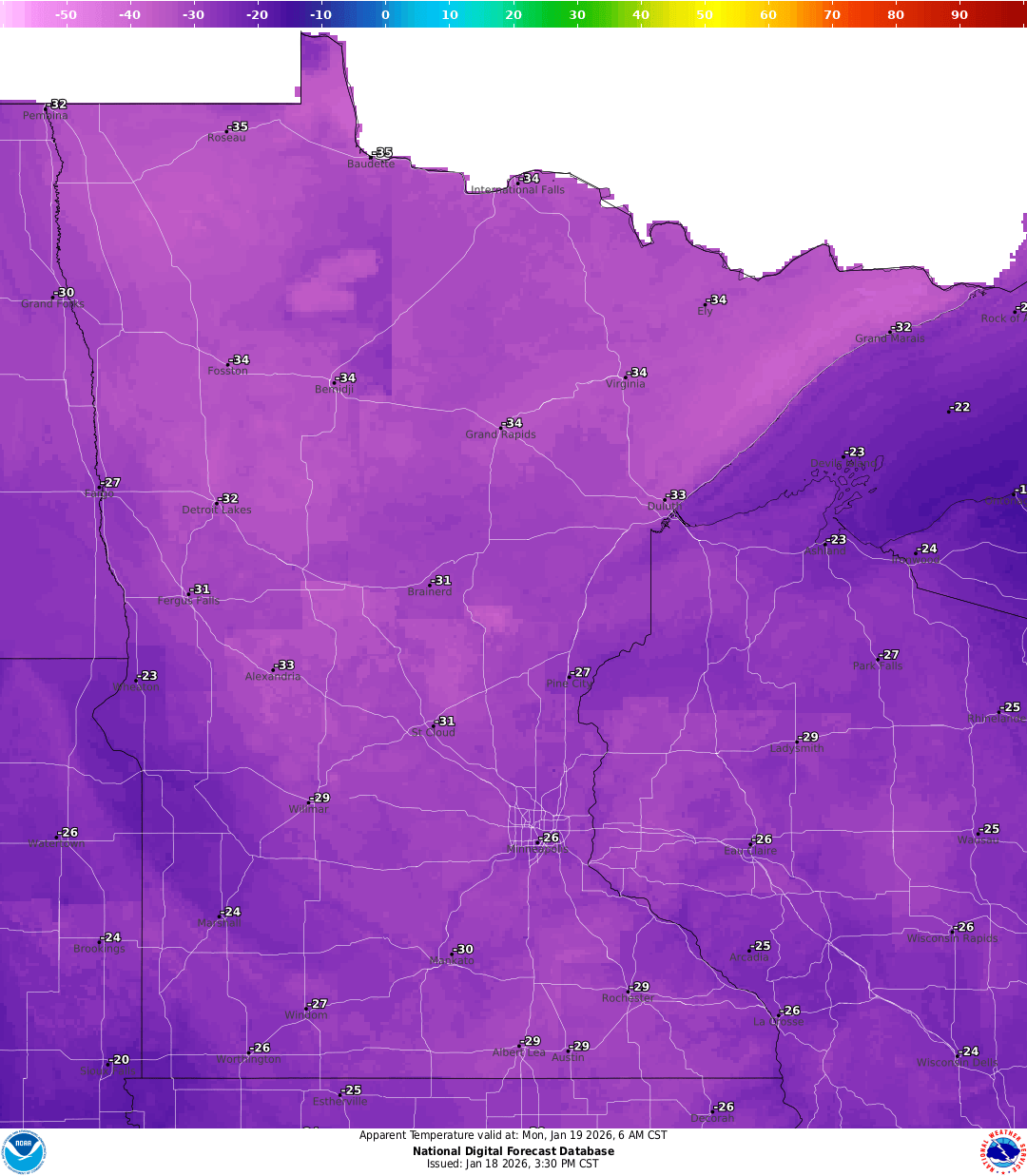 Wind chill forecast for Monday 6 a.m.