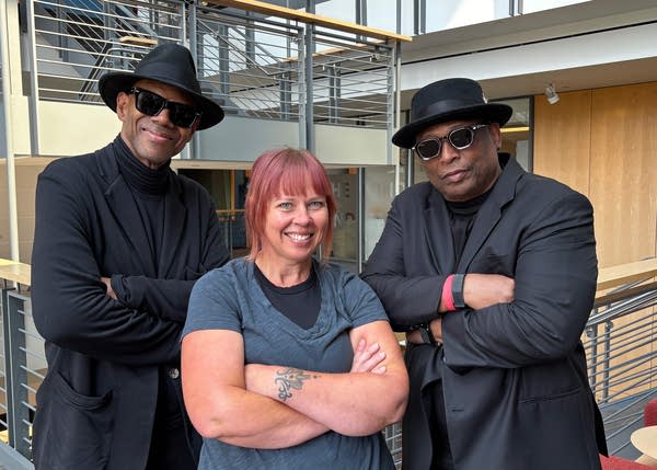 Jimmy Jam (L) and Terry Lewis visit Minnesota Public Radio for a conversation with The Current's Jill Riley (center) on Monday, Aug. 10, 2026, in St. Paul.