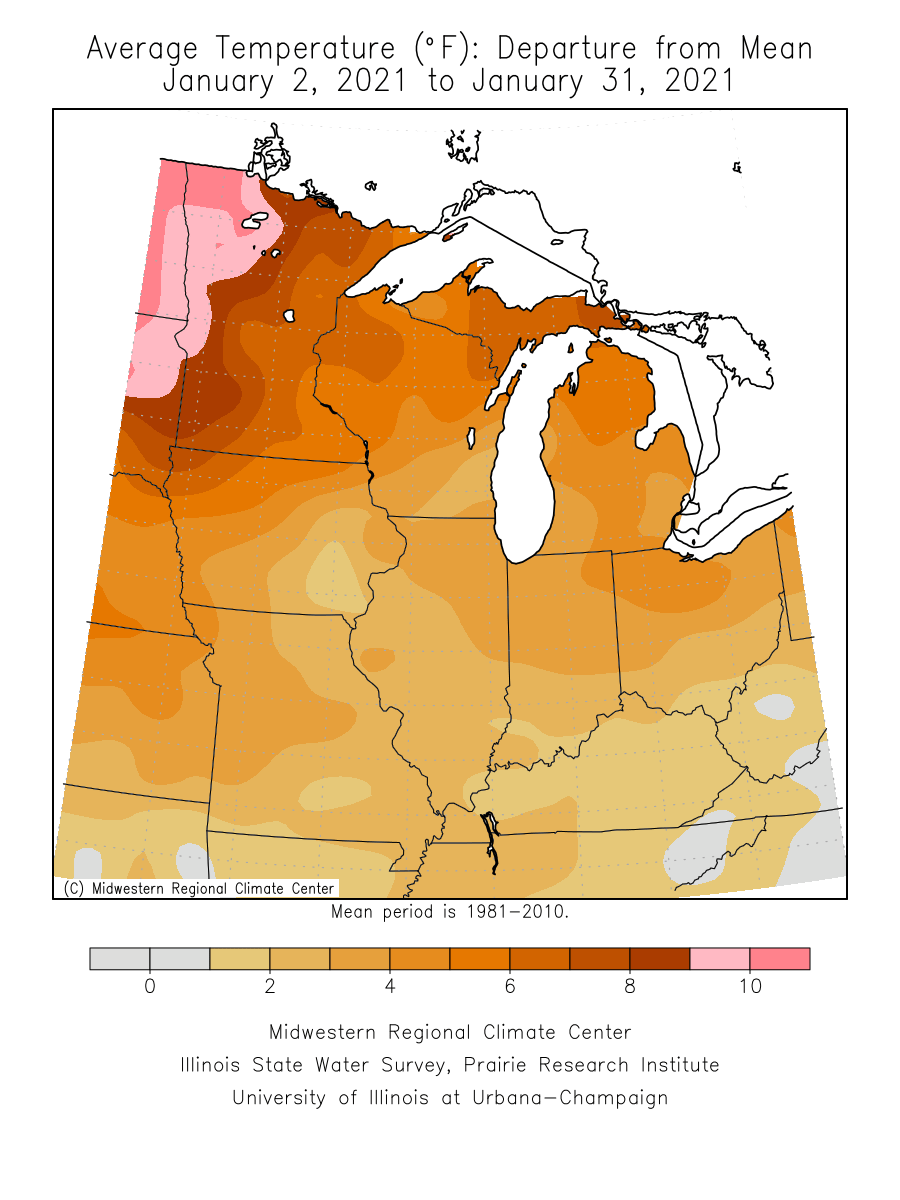Temperature departure from average over the last month