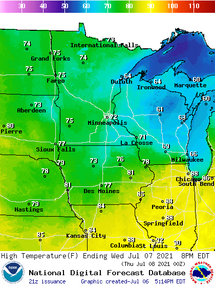Forecast high temperatures Wednesday