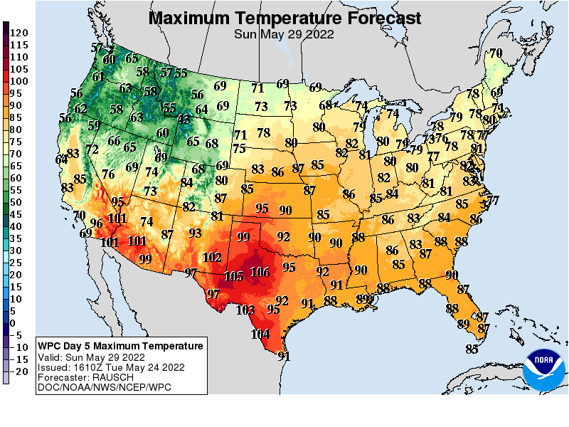 Forecast high temperatures Sunday