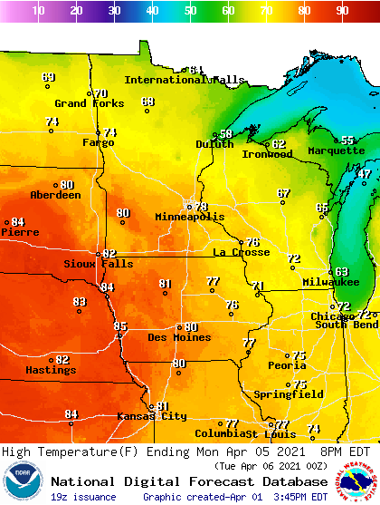 Forecast high temperatures Monday