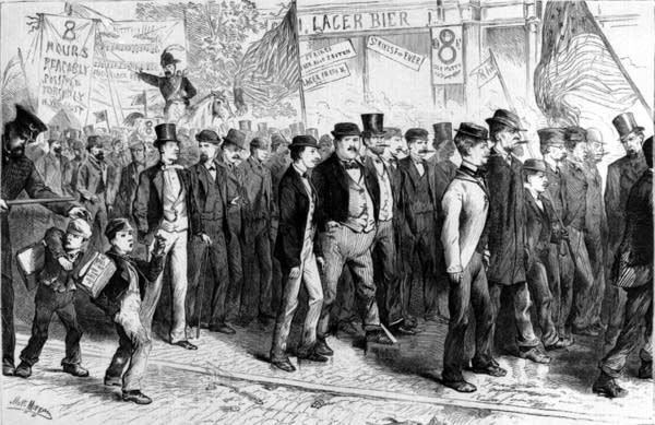 A march of demonstrators in 1872 demanding an eight-hour workday.