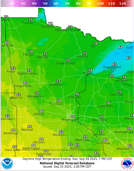 Forecast high temperatures Sunday