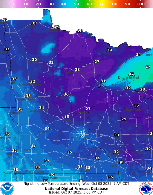 Forecast low temperatures Wednesday