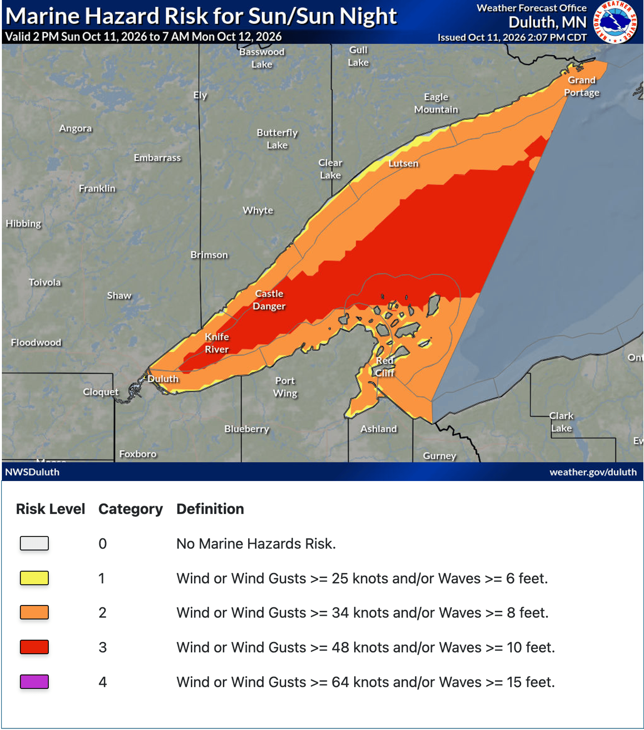 A map graphic shows marine hazards in Lake Superior.