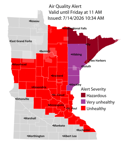 A map shows the air quality conditions for the state of Minnesota.