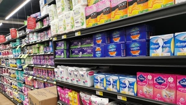 Shelves filled with female sanitary products in Mexico City show no tampons as a result of the single-use plastic ban restricting them.
