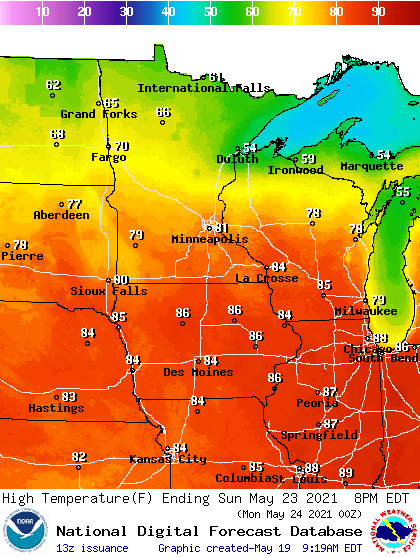 Forecast high temperatures Sunday