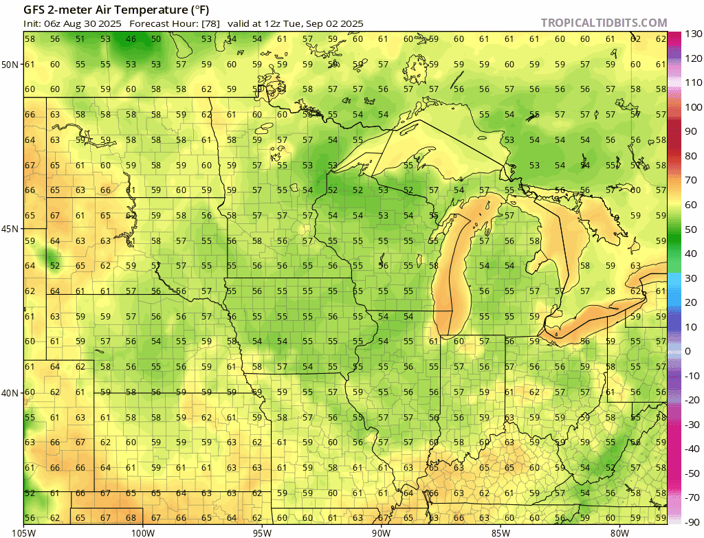 Temperatures Tuesday morning through Thursday morning