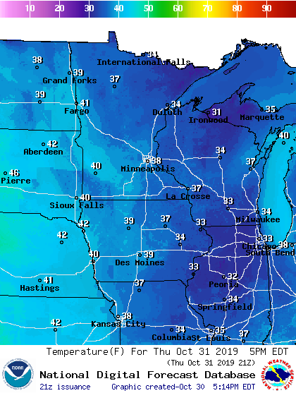 Temperature forecast for 5 pm Thursday afternoon