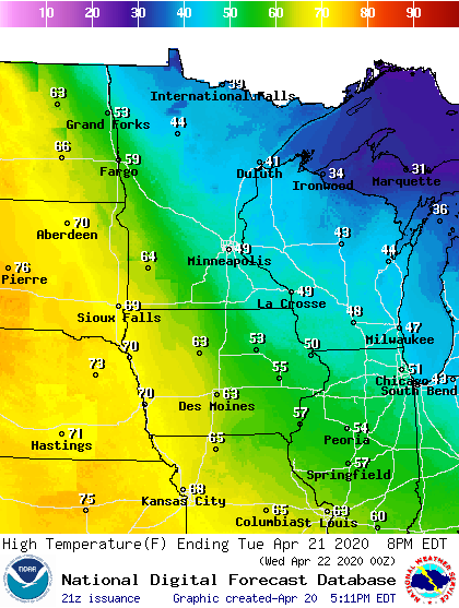 Forecast high temperatures Tuesday