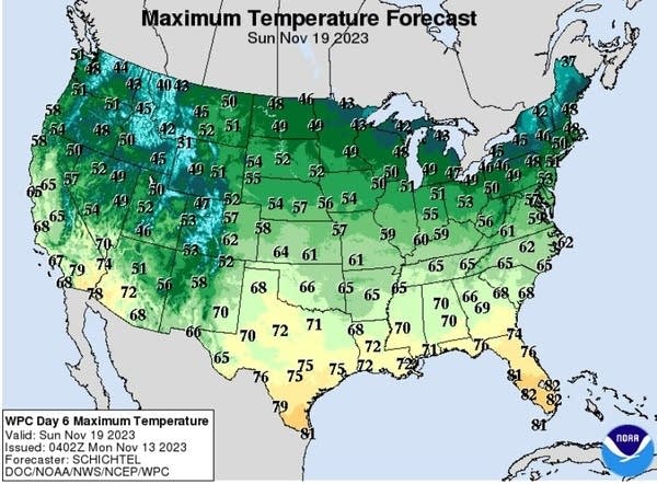 Forecast high temperatures for Sunday