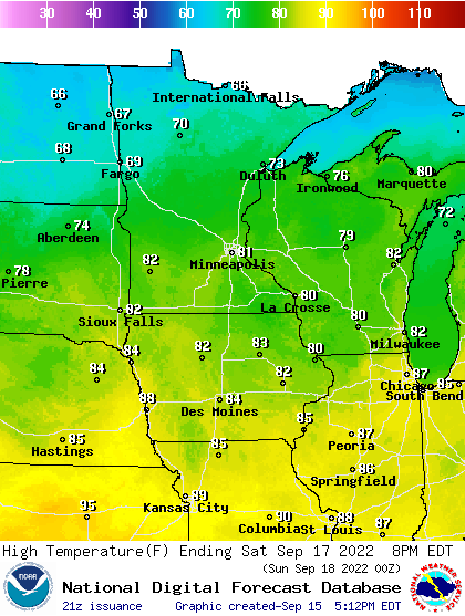 Forecast high temperatures Saturday
