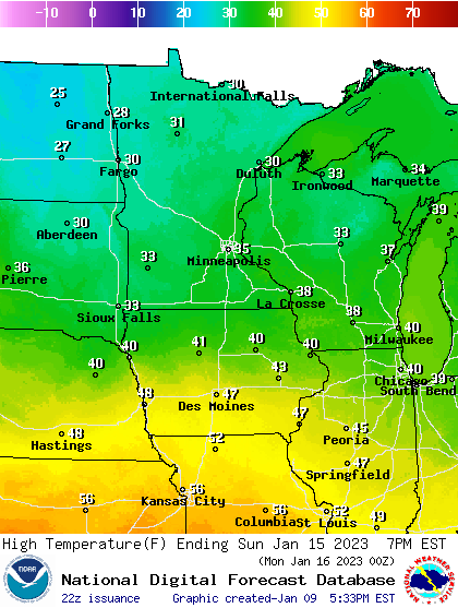 Forecast high temperatures Sunday