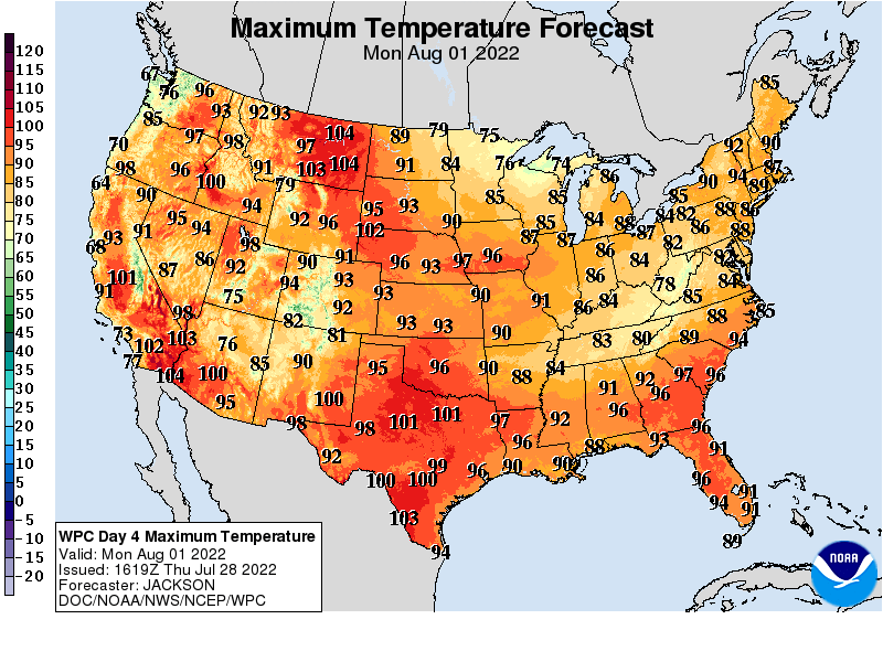 Forecast high temperatures Monday