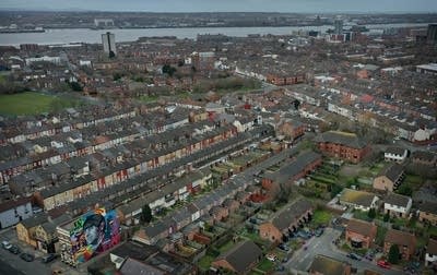 Aerial view of Liverpool with Ringo Starr mural visible on house