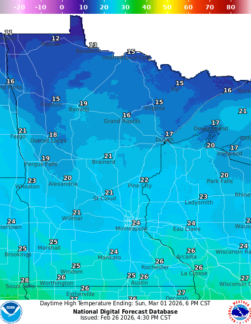 Forecast high temperatures Sunday