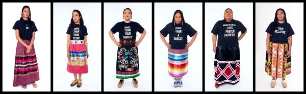 A series of six photos of women wearing colorful skirts and black t-shirts.