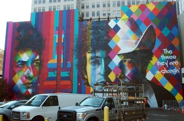 The finished mural of Bob Dylan in downtown Minneapolis included a title added on the right hand side, on Sept. 8, 2015.