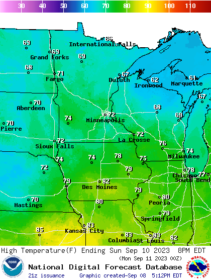 Forecast high temperatures Sunday