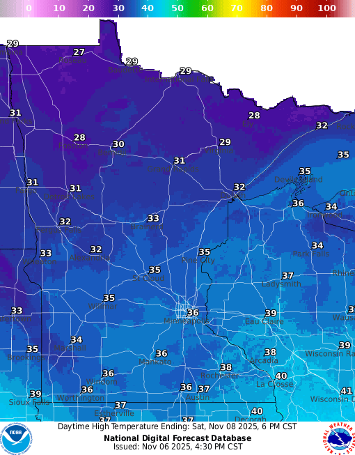 Forecast high temperatures Saturday