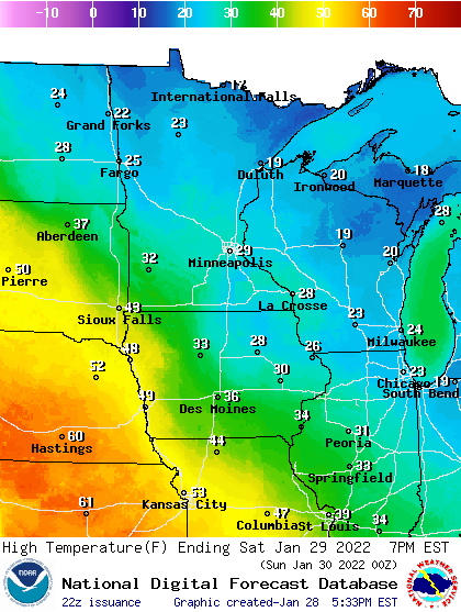 Forecast high temperatures Saturday