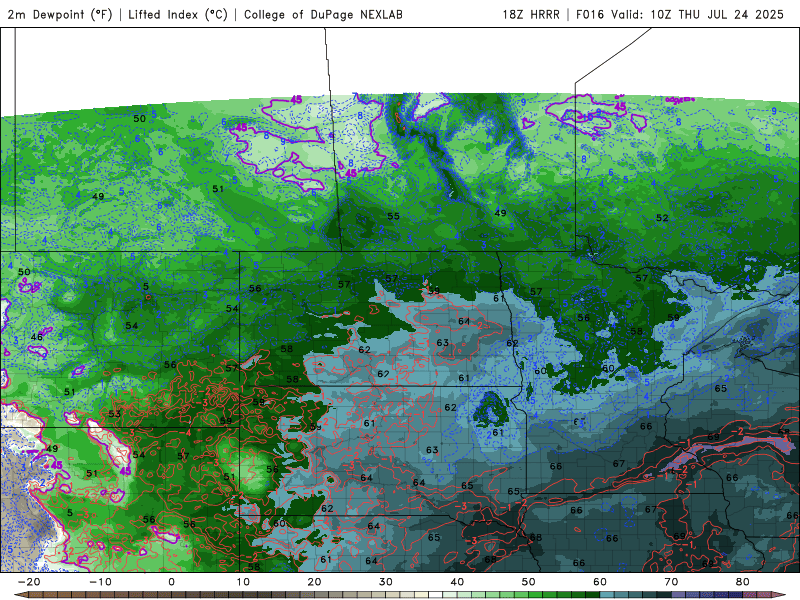 Dew points drop slightly Thursday and Friday before a steamy weekend 