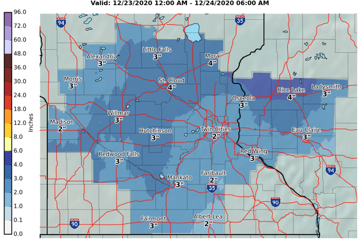 Forecast snowfalls for Wednesday into Thursday