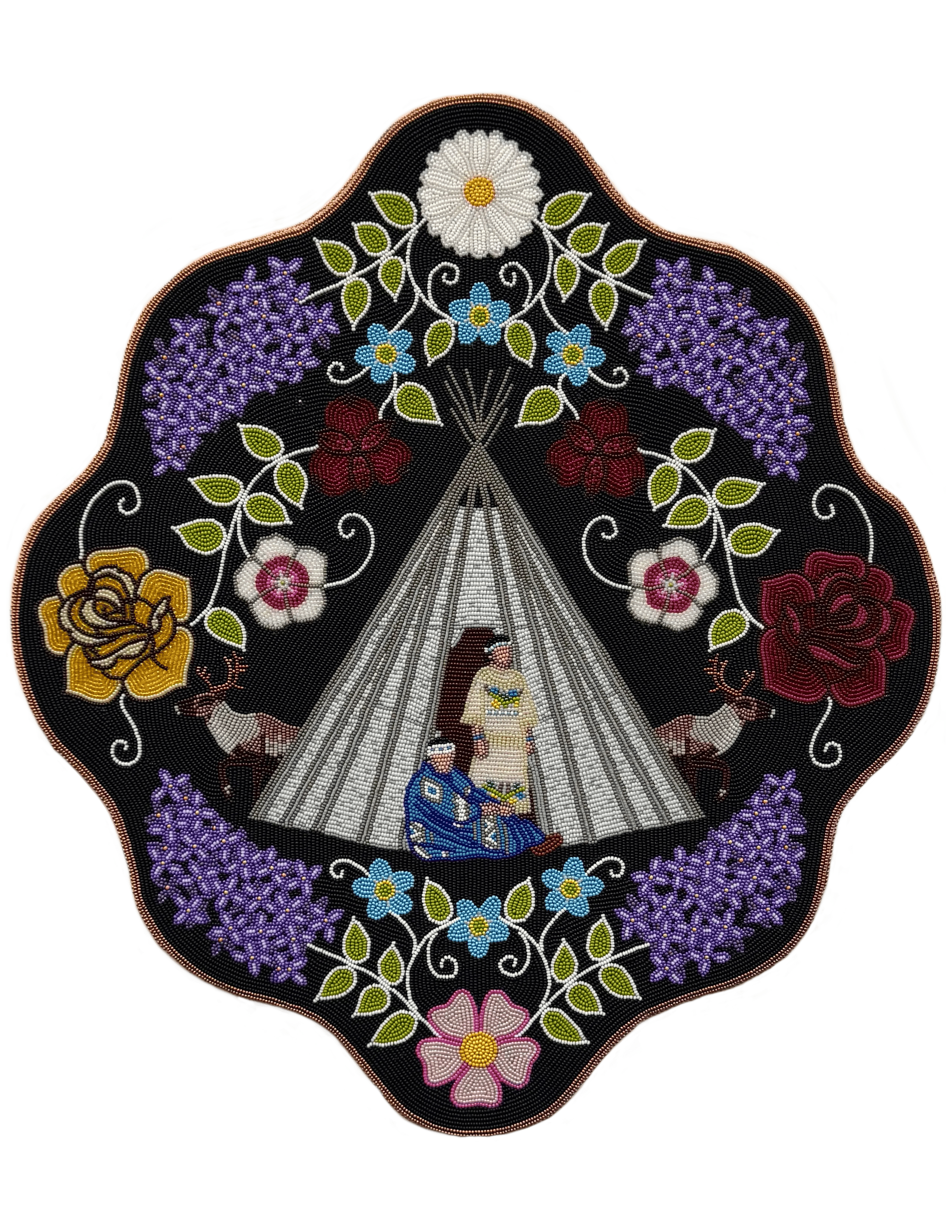 A piece of beadwork art shows flowers and two people in front of a tipi.