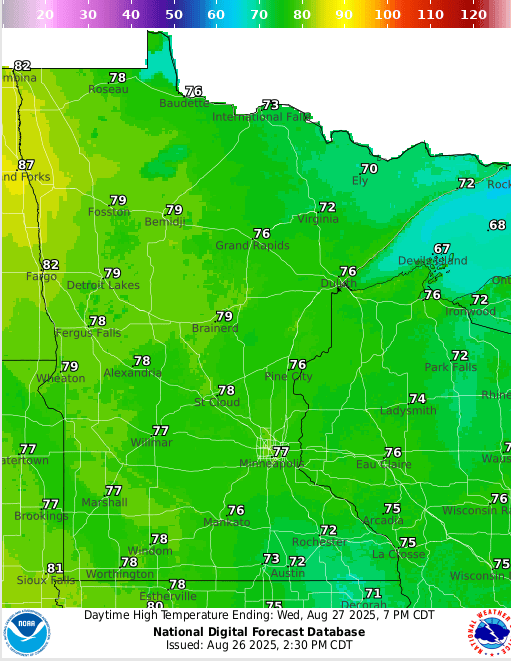 Forecast high temperatures Wednesday