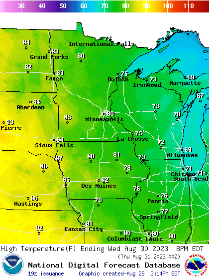 Forecast high temperatures Wednesday