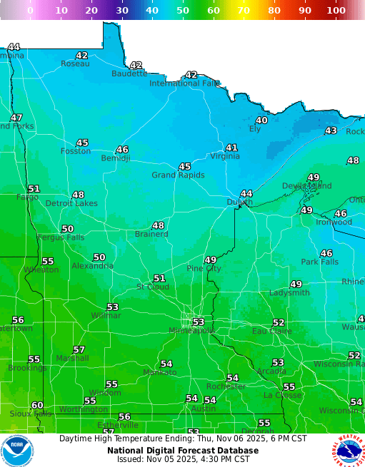 Forecast high temperatures Thursday