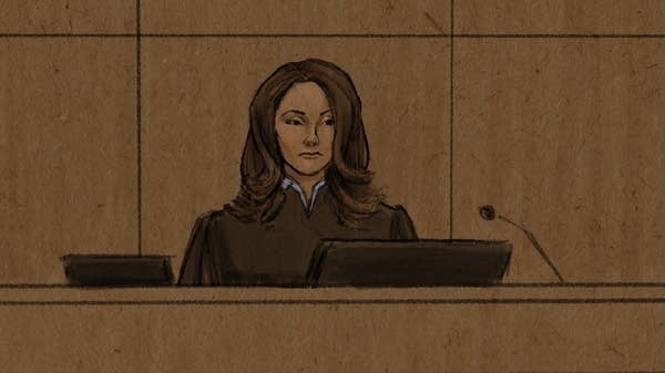 A courtroom sketch of a testimony in front of a judge.