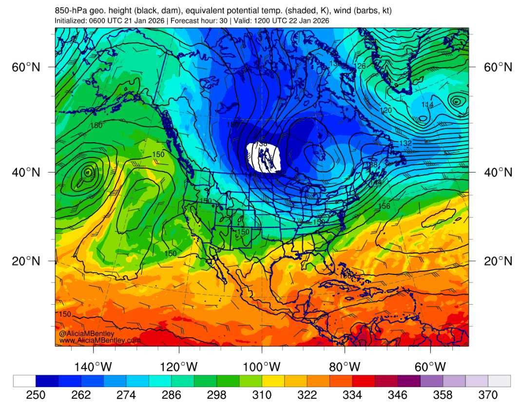 850 millibar potential temperature for 6 a.m. Thursday