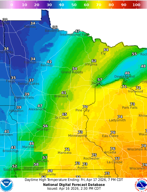 Forecast high temperatures Friday