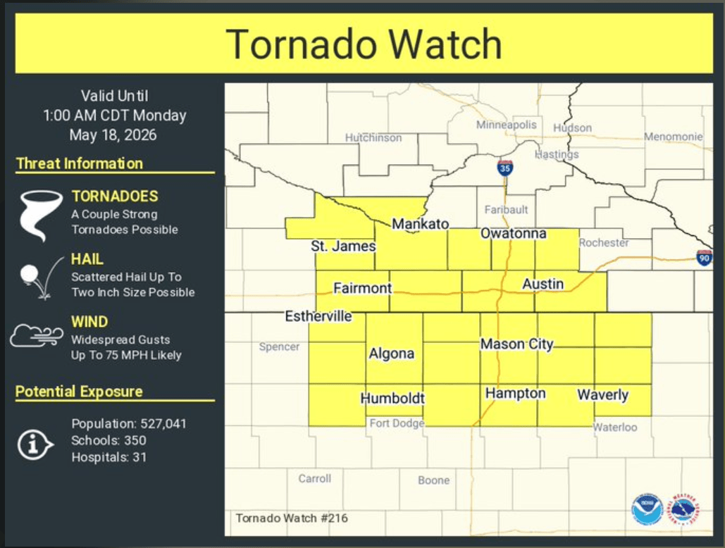 Tornado watch until 1 a.m. Monday