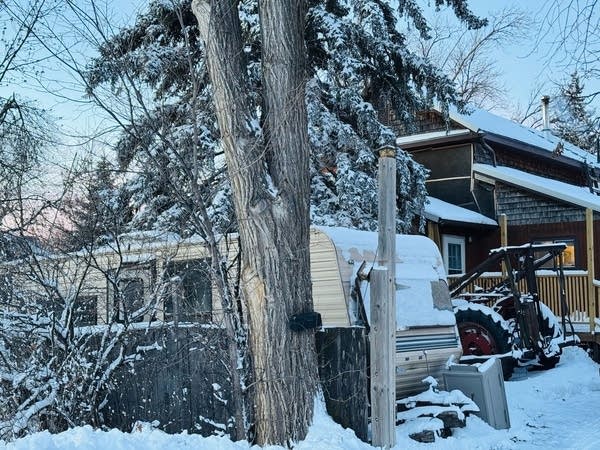 A snow-covered RV is parked behind a tree.