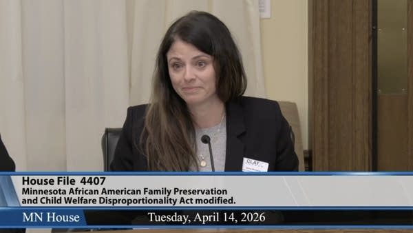 A woman sits while speaking during a hearing.