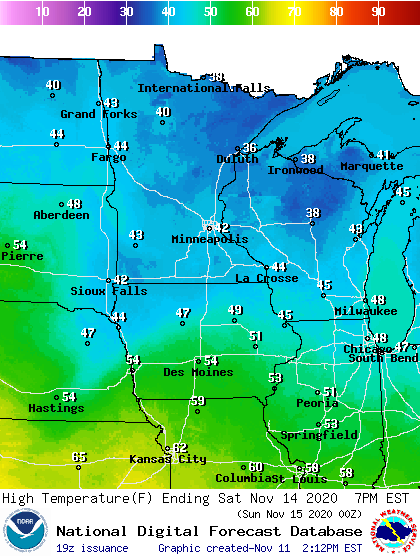 Forecast high temperatures Saturday