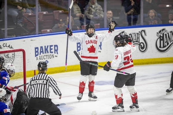 Canada's Jocelyne Larocque celebrating goal