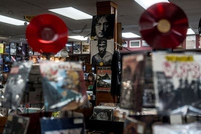 A person browses records in a record store
