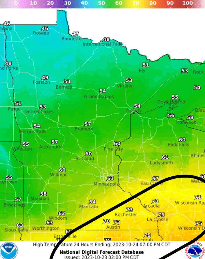 Forecast high temperatures Tuesday