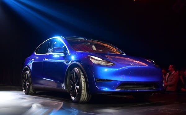 The new Tesla Model Y is seen at its unveiling in Hawthorne, California on March 14, 2019. 